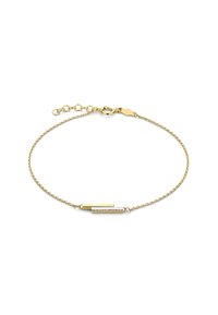 Bracelet en chaîne dorée avec deux barres rectangulaires ; l'une lisse et polie, l'autre texturée. Possède un fermoir réglable pour s'adapter à la taille.