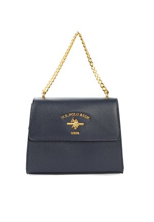 Marineblaue Lederhandtasche mit strukturiertem Oberflächen, goldener Kettenriemen, goldenem Logo und Klappenverschluss. Kompakte rechteckige Form.
