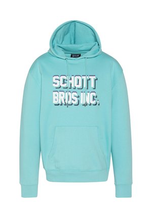 Hellblauer Kapuzenpullover mit Fronttasche und weißem Blockschriftzug "SCHOTT BROS INC." auf der Brust.