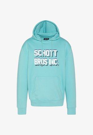 Felpa azzurra con cappuccio e tasca frontale, con scritto in bianco a caratteri cubitali "SCHOTT BROS INC." sul petto.
