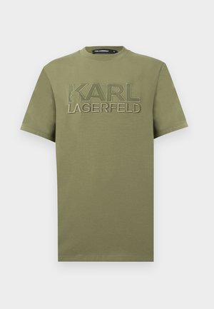 Λαδί πράσινο κοντομάνικο μπλουζάκι με τη λέξη "KARL LAGERFELD" κεντημένη στο στήθος και ένα μικρό σιλουέτα λογότυπο μέσα στο γράμμα "K".