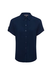 Camicia blu navy a maniche corte, con chiusura a bottoni, realizzata in tessuto leggero. Presenta un colletto classico, bottoni frontali e polsini arrotolati.