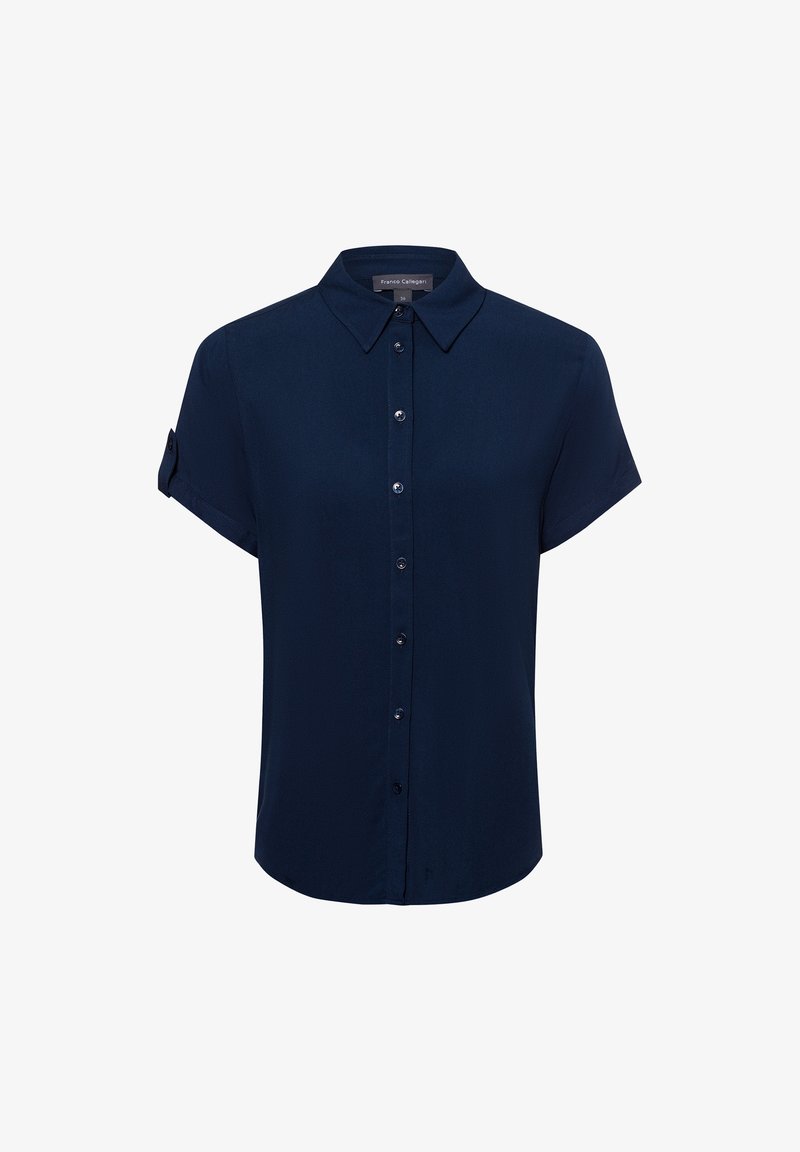 Navy blue short-sleeve button-up shirt made of lightweight fabric. Features a classic collar, front buttons, and rolled cuffs.