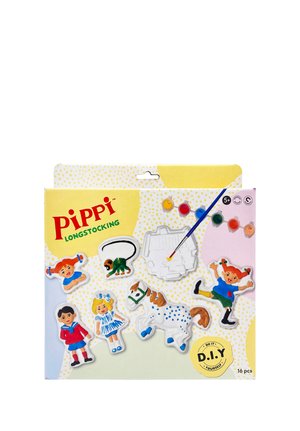 Zestaw do samodzielnego malowania Pippi Pończoszanki z postaciami i figurkami zwierząt, pędzelkiem i sześcioma pojemnikami z farbami na żółtym i pastelowym tle.