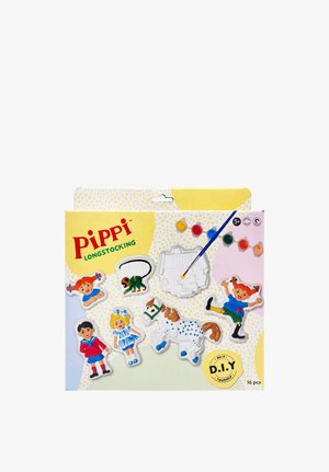 Bemalbares Pippi Langstrumpf DIY-Kit mit Figuren von Charakteren und Tieren, Pinsel und sechs Farbtöpfen auf gelbem und pastellfarbenem Hintergrund.