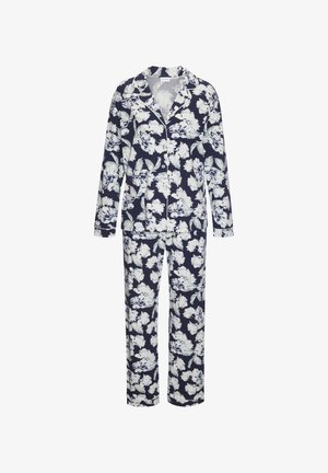 Tumesinine lillemustriga öösärk komplekt, pikkade varrukatega, nööbilauseline ja sobivate pükstega, valminud pehmest puuvillasegust materjalist.