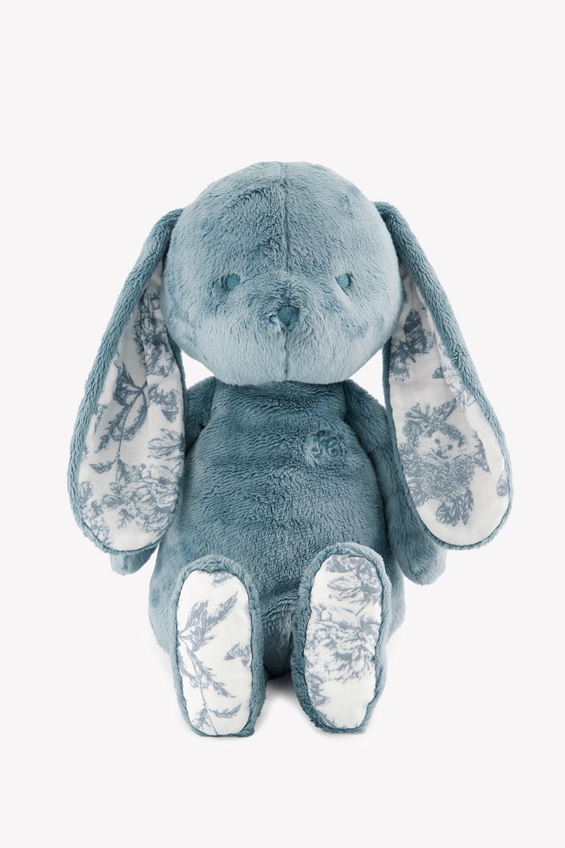 Γεμιστός λαγός από μαλακό ύφασμα σε απόχρωση τιρκουάζ· μεγάλα πέταλα αυτιά με λουλουδάτο σχέδιο· στρογγυλεμένο σώμα· ραμμένα χαρακτηριστικά προσώπου· απαλή υφή, ανθεκτικός σχεδιασμός.
