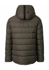 Olivengrøn vatteret jakke med hætte, med et quiltemønster og en sort stribe på ryggen. Tekstureret stof, afslappet pasform.