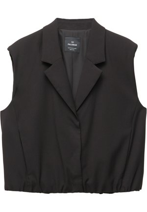 Černá bezrukávová blazerová vesta s výpustkovými klopami, zapínáním na knoflík, elastickým lemem a štítkem Pull&Bear uvnitř límce.