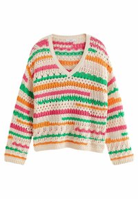 Strickpullover mit V-Ausschnitt, der eine cremefarbene Basis und bunte Streifen in Pink, Grün und Orange aufweist. Offenes Maschenmuster und gerippten Saum.