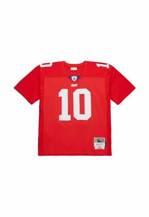 Rotes Footballtrikot mit weißer Nummer 10, „Giants“-Logo, NFL-Emblem und einem Mitchell & Ness-Retro-Patch für Eli Manning.