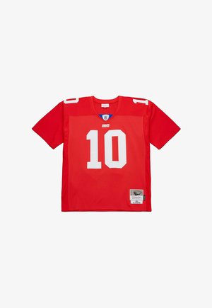 Red football jersey with white number 10, "Giants" logo, NFL emblem, and a Mitchell & Ness throwback patch for Eli Manning.