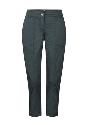 Pantalones ligeros de color verde oscuro con un corte ajustado, que cuentan con bolsillos laterales, cierre de botón y detalles de costura en contraste.