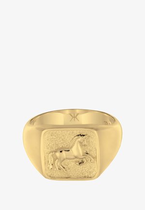 Goldring mit einem erhöhten, hüpfenden Einhorn-Design auf einer strukturierten rechteckigen Fläche.