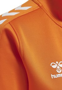 Felpa arancione con una texture liscia, caratterizzata da un logo bianco e un design a chevron sulle spalle. Linee pulite e stile atletico.