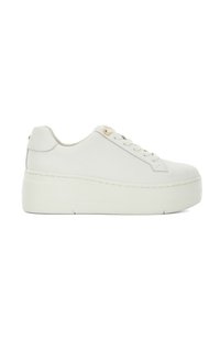 White platform sneakers made of textured leather, featuring minimalistic design, rounded toe, laces, and gold-tone eyelet accents.