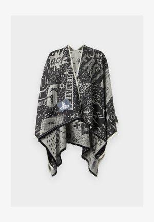 Czarno-biały szal w abstrakcyjne wzory, cyfry i tekst, z małą naszywką z logo marki z przodu.