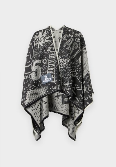 Μαύρο-άσπρο φουλάρι με σχέδια, αφηρημένα σχήματα, αριθμούς και κείμενο, με ένα μικρό ραμμένο ταμπελάκι με λογότυπο μπροστά.