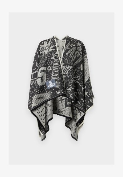 Μαύρο-άσπρο φουλάρι με σχέδια, αφηρημένα σχήματα, αριθμούς και κείμενο, με ένα μικρό ραμμένο ταμπελάκι με λογότυπο μπροστά.