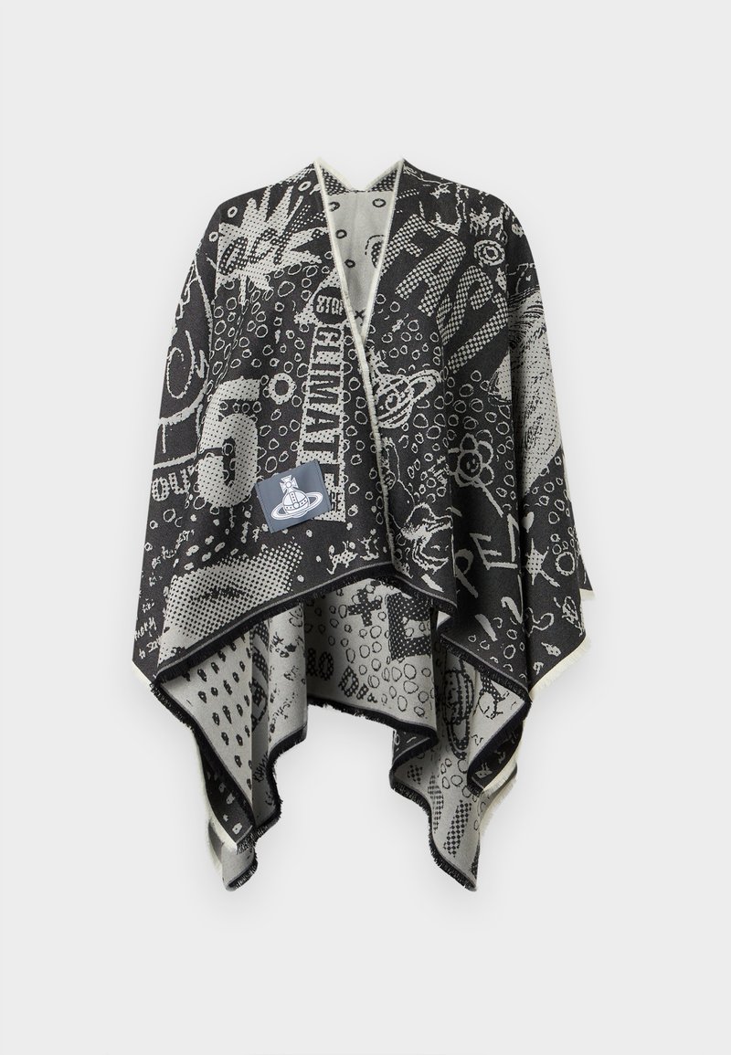 Châle noir et blanc à motifs avec des formes abstraites, des chiffres et du texte, avec un petit patch de logo de marque cousu à l'avant.