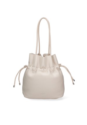 Borsa a tracolla beige con coulisse, dalla texture liscia, materiale morbido e lunghe cinghie; presenta una parte superiore arricciata e dettagli in hardware tono argento.