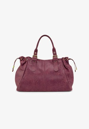 Sac fourre-tout marron en matériau texturé, doté de deux anses supérieures, d'une quincaillerie dorée et de cordons latéraux réglables.