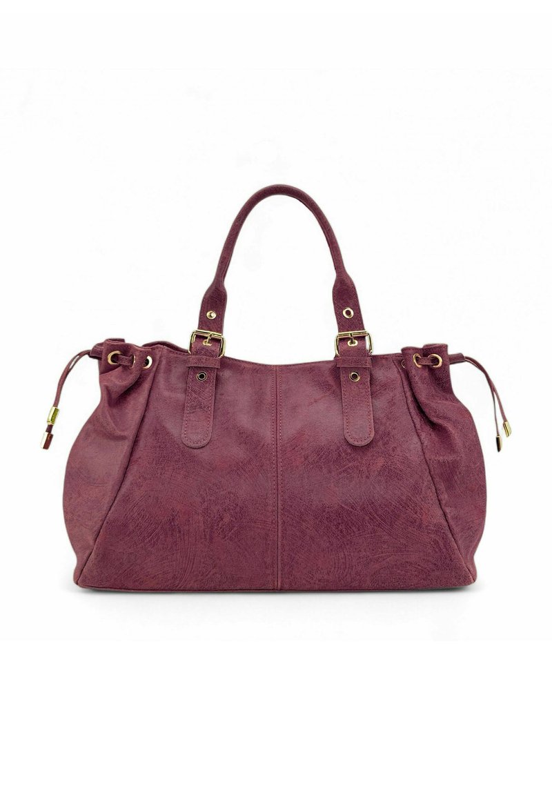 Sac fourre-tout marron en matériau texturé, doté de deux anses supérieures, d'une quincaillerie dorée et de cordons latéraux réglables.