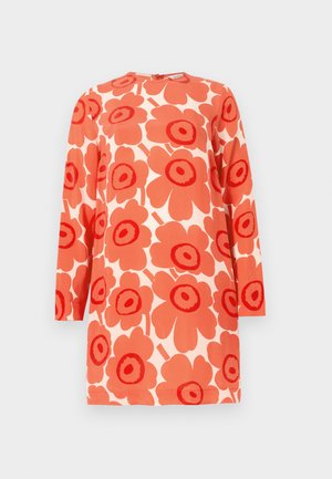 Red floral dress with long sleeves, featuring large orange flowers and dark red centers on a light background. Simple round neckline and back zip.