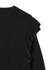 Pull noir avec un col rond et une accentuation froncée sur l'épaule, fabriqué en matériau doux avec une texture lisse.
