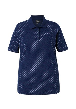 Marineblaues kurzärmeliges Poloshirt mit mehrfarbigen kleinen Polka-Dots und einer mit Knöpfen versehenen Vorderleiste.