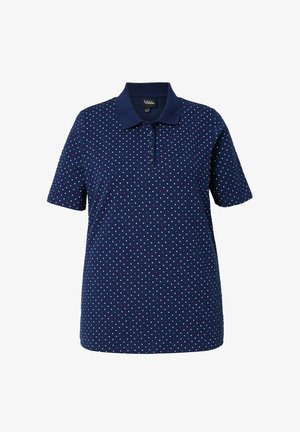 Marineblaues kurzärmeliges Poloshirt mit mehrfarbigen kleinen Polka-Dots und einer mit Knöpfen versehenen Vorderleiste.