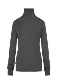 Dark gray long-sleeve turtleneck shirt with a soft, textured fabric, featuring fitted sleeves and a high neck design.