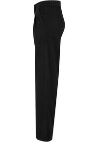 Pantalon noir droit avec poches latérales et taille élastiquée, présenté de côté gauche sur fond blanc.