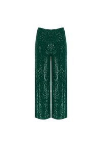 Gröna byxor med vid ben och paljetter, med elastisk midja, som har en glänsande textur och rak skärning.