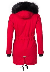 Rode parka-jack met een zwarte met bont gevoerde capuchon, voorzien van een getailleerde taille, elastische trekkoorden en geribbelde manchetten. Geen zichtbare patronen.