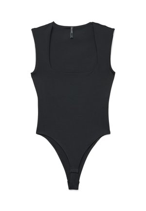 Body nero senza maniche con scollo quadrato e chiusura a clic all'altezza dell'inguine, disteso su uno sfondo bianco.