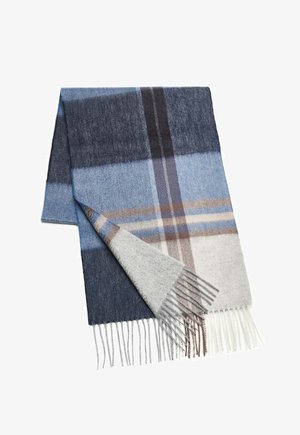 Wool blend scarf featuring a plaid design in shades of blue, gray, and brown with fringed ends; soft texture and rectangular shape.
