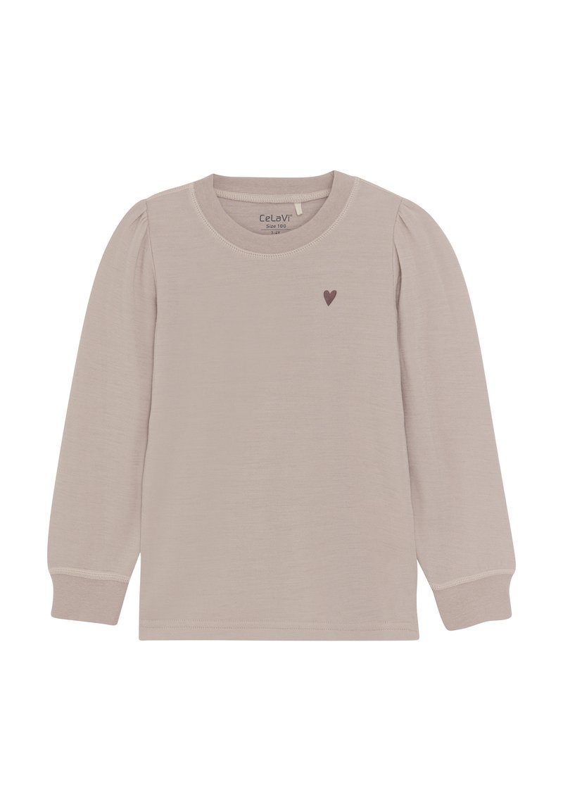 Hellbeige Langarmshirt aus weicher Baumwolle. Verfügt über einen runden Ausschnitt, gesmokte Schulterdetails und einen kleinen dunklen Herzakzent auf der Brust.