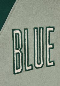 Svetlozelena tkanina z vezenim napisom "BLUE" v velikih belih črkah, obrobljenimi v temno zeleni barvi. Tekstura je gladka, z rahlim sijajem.