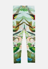 Leggings con un estampado vibrante de pájaros y follaje en verdes, azules y rojos. Están hechos de una tela elástica con una textura suave.