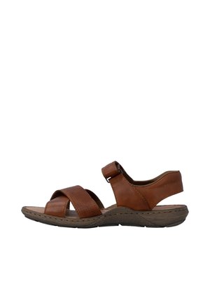 Bruine leren sandaal met open teen, verstelbare enkelband en textuurgevoerde gewatteerde zool, ontworpen voor comfort en casual gebruik.