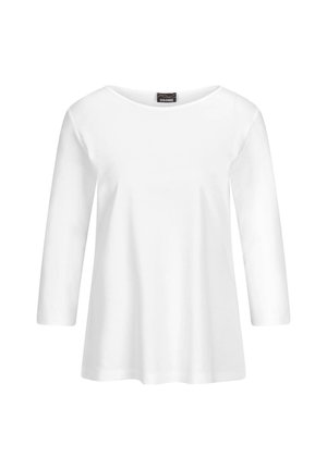 T-shirt blanc à manches longues en tissu doux, avec un col rond et une coupe décontractée, sans motifs ni ornements.