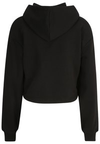Sudadera negra recortada con capucha ajustable, mangas largas y puños de canalé. Hecha de un tejido suave y texturizado con un diseño sencillo.