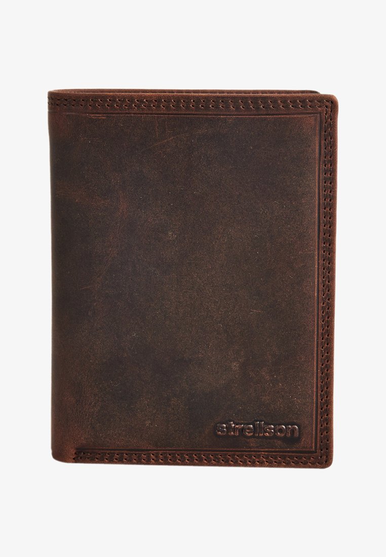 Brown leather wallet with textured surface, stitched edges, and embossed branding. Compact rectangular shape, minimalistic design.