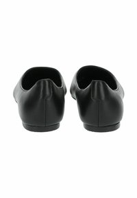 Ballerines en cuir noir avec un bout rond, texture lisse, et un détail de couture à l'arrière ; semelle douce et flexible sans matériel proéminent.