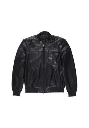 Giacca bomber in pelle nera con zip frontale, colletto e polsini a costine, due tasche con zip e due tasche sul petto. Texture liscia.