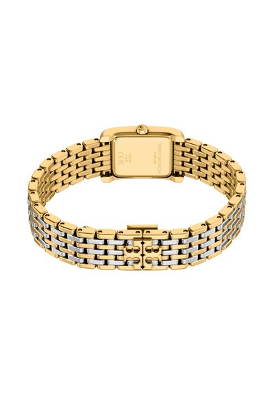 Gold and silver-tone metal bracelet watch with a square case and linked band, featuring a clasp and smooth finish.