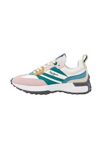 Sportos sneaker rózsaszín, türkiz és fehér szintetikus anyagokból, textúrázott talppal és arany kiegészítővel. Húzózsinóros zárás és logós részlet.
