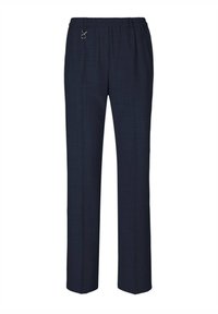 Marineblaue, gerade geschnittene Hose aus strukturiertem Stoff, mit elastischem Bund und Akzentringdetail an der Taille.