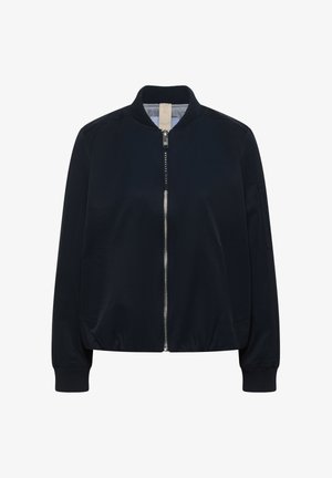 Veste bomber bleu marine avec fermeture éclair à l'avant, col et poignets côtelés, poches latérales et petite poche zippée sur la manche gauche.